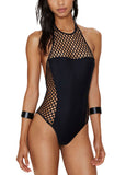 Women Fishnet One Piece Swimsuit Halter Neck Open Back Solid Padded Swimwear Monokini Black
