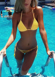 Sexy Women Bikini Set Solid Bandage Strappy Halter Top Thong Two-Piece Swimwear Beach Swimsuit Bathing Suit